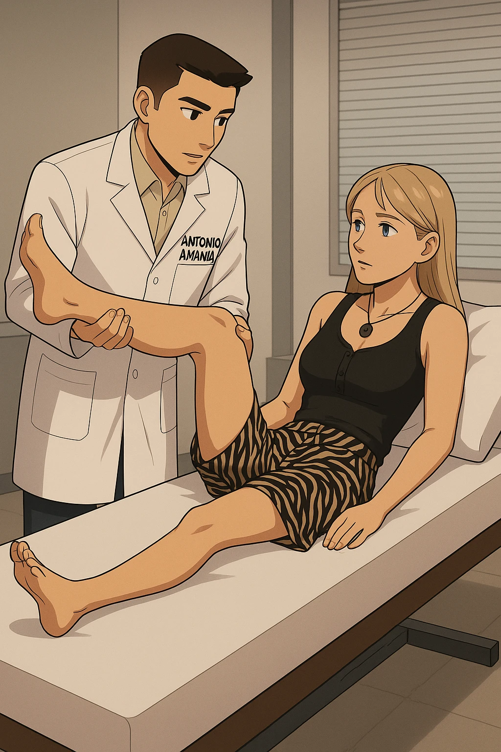 fai un webtoon/manga a colori con questo kinesiologo in camice bianco (fagli la scritta "ANTONIO ANANIA" SUL CAMICE) CHE SVOLGE UN TEST NEUROMUSCOLARE SOLLEVANDO UNA GAMBA ALLA RAGAZZA CHE è STESA SU UN LETTINO BIANCO. STANZA SEMPLICE E MODERNA, DURANTE IL TEST I DUE DIALOGANO TRA LORO. NON FARE I FUMETTI, FAI SOLO LORO COME SE DIALOGASSERO emoji