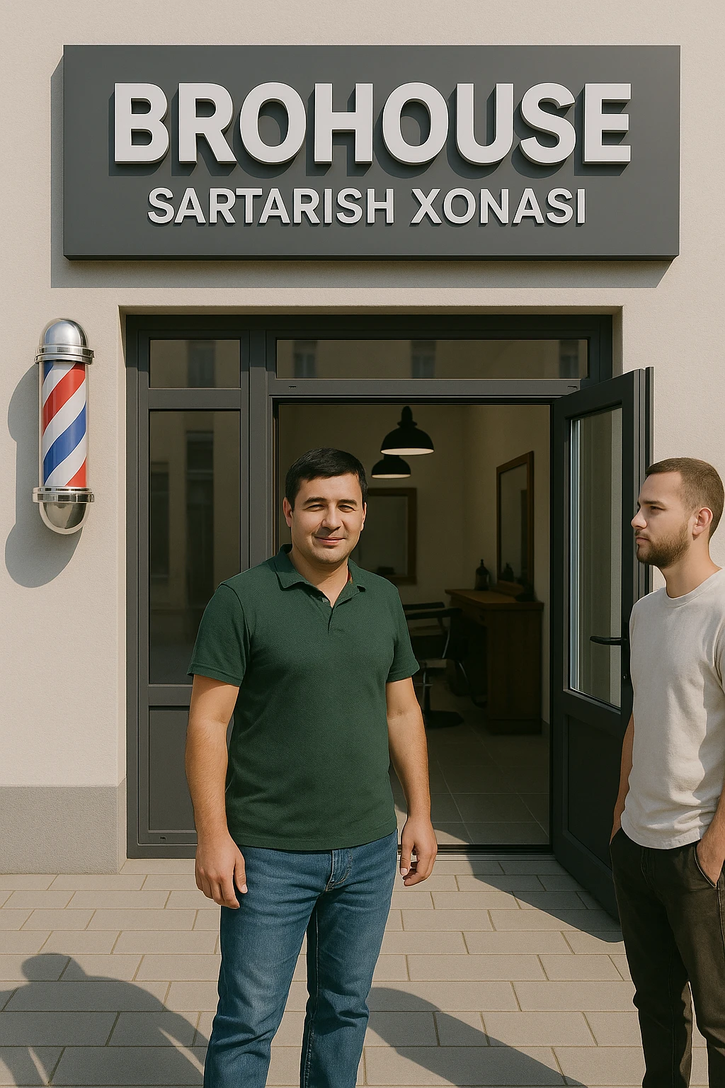 eni shu rasimga manashu odamga uxhshasin sartaosh eshik oldida tursin va tashqarida esa mijoz emoji