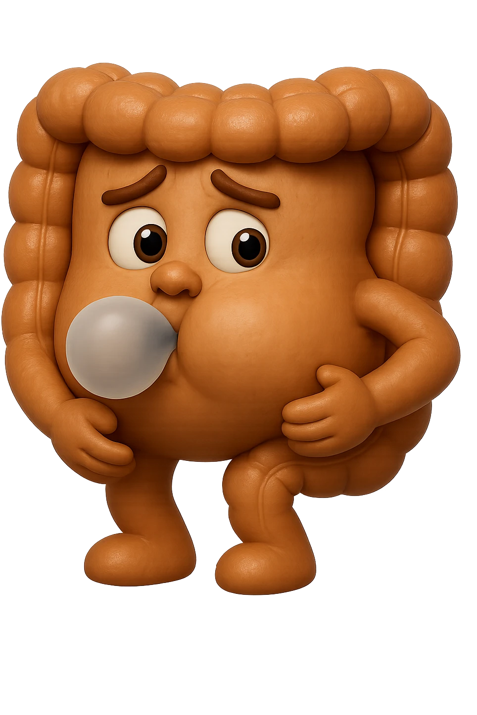emoji stile iphone di un intestino che ingoia una nuvoletta di aria ben visibile e gli si gonfia la pancia, iperrealistico 4k emoji