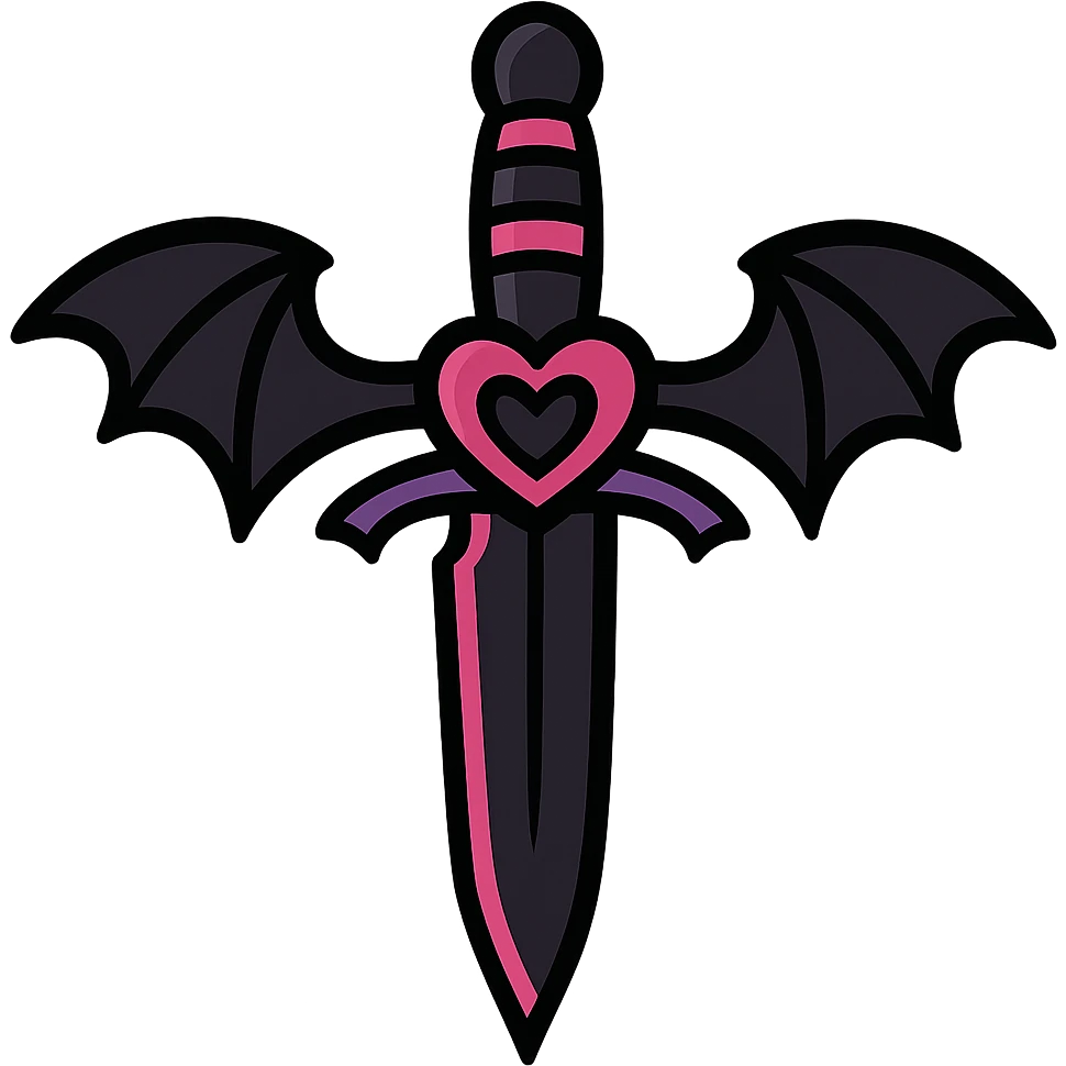 gothic knife, black and pink, with bat wings and heart motif, vibrant toon style emoji