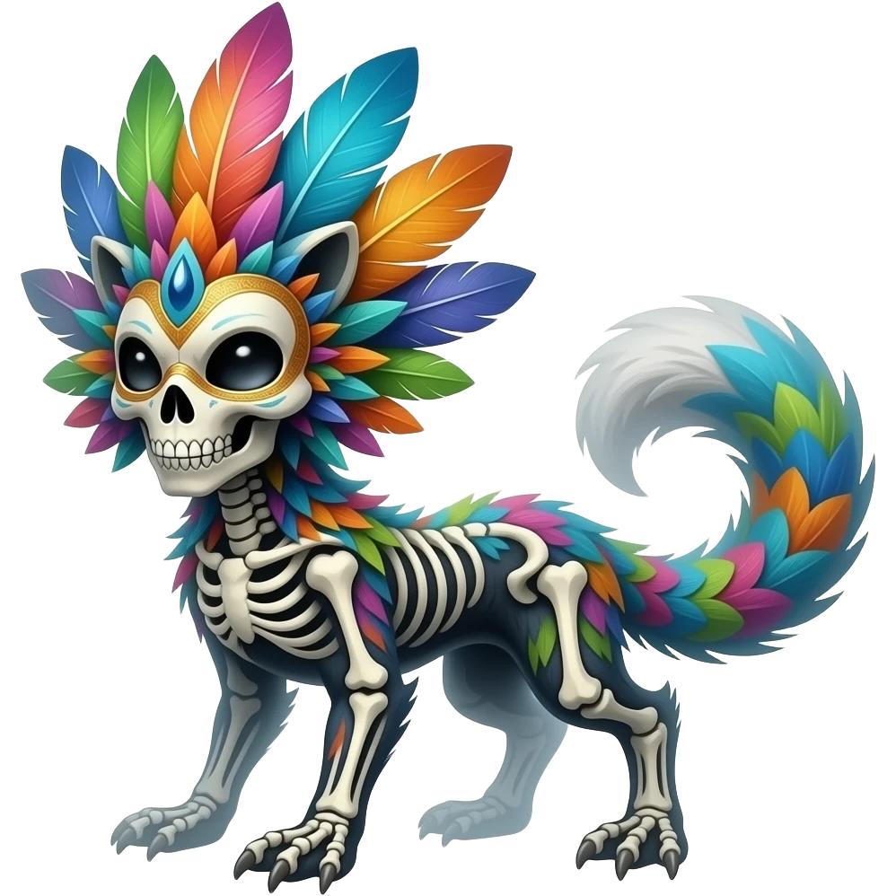 Tropical colorful feathered-masked skeletal gloomy foggy eldritch beautiful realistic edgy fantasy vernid-sergal-fursona animal creature with a tufted tail full body with intricate markings emoji