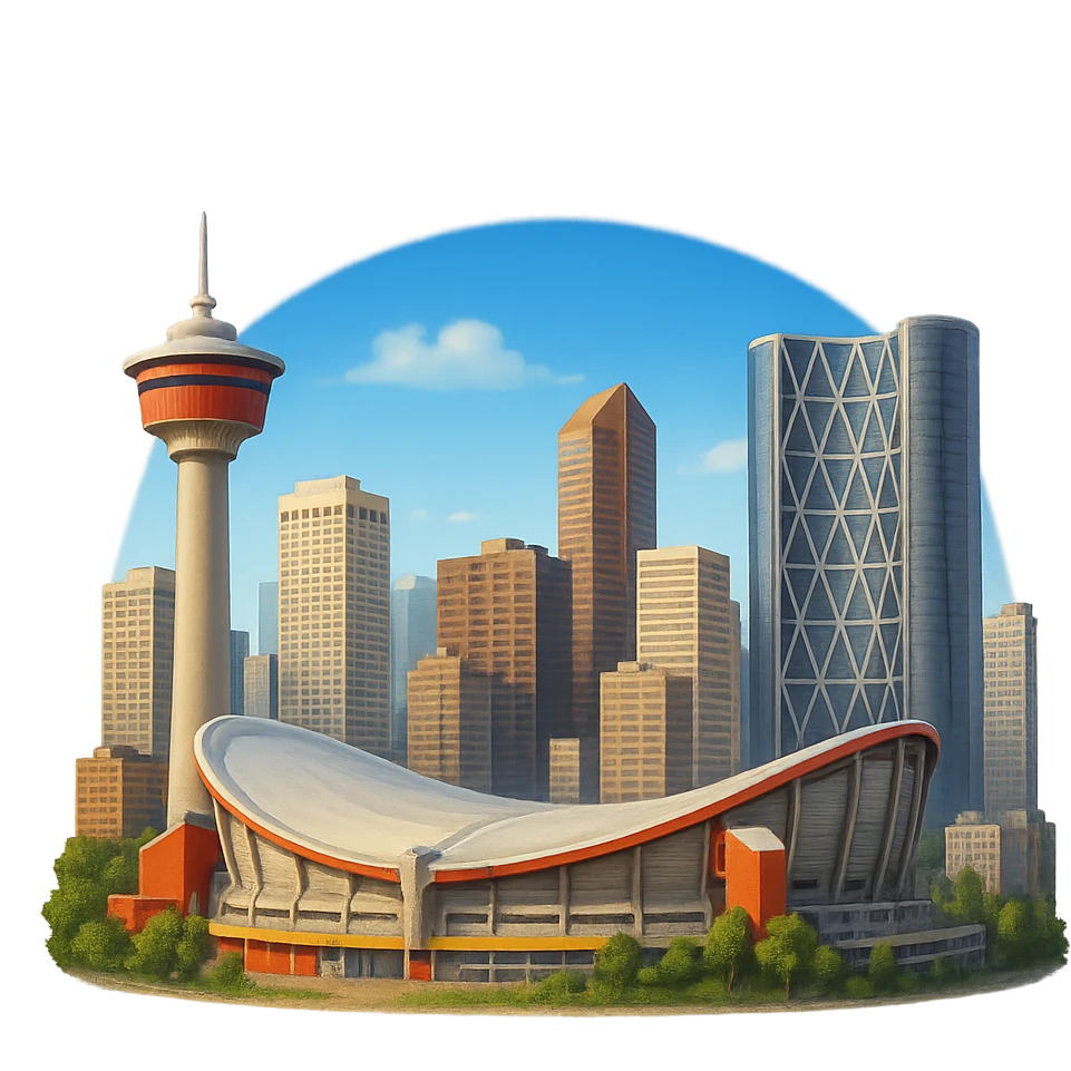 cinematic, realistic emoji of Calgary, featuring a skyline with iconic landmarks such as the Calgary Tower, Saddledome, and the Bow Building, with lifelike detail, accurate colors, bright lighting, wide city view, fully transparent background emoji