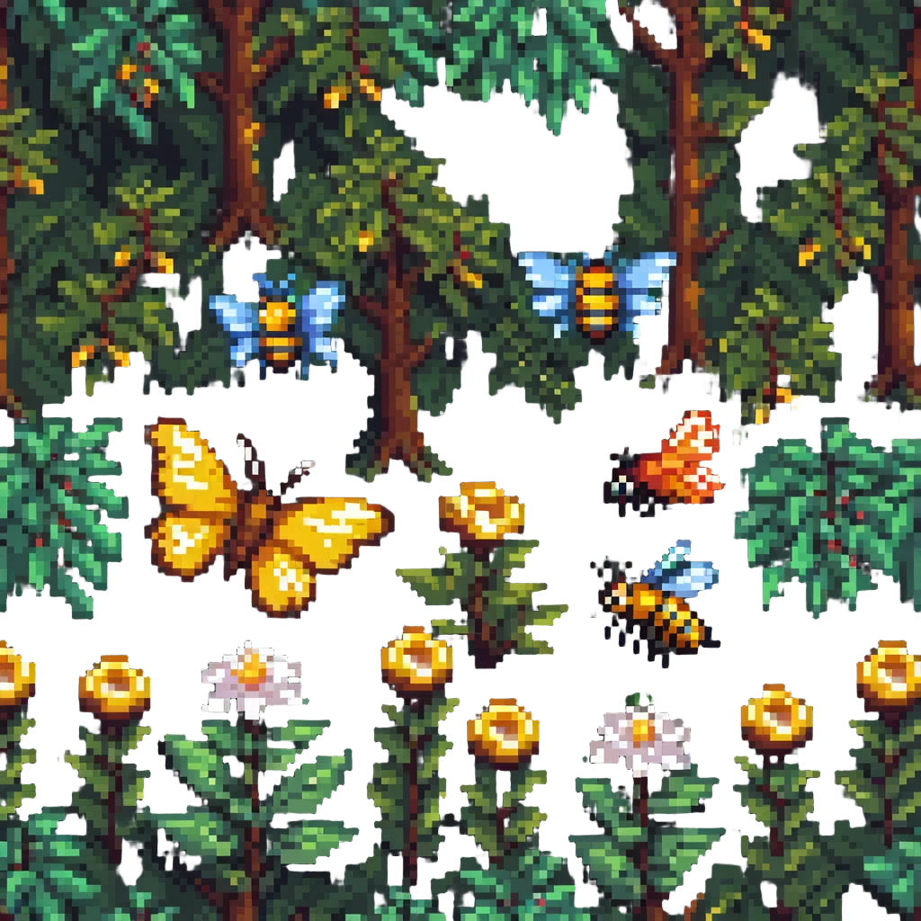 pixel art of a butterfly and bee among trees and plants, forest background emoji