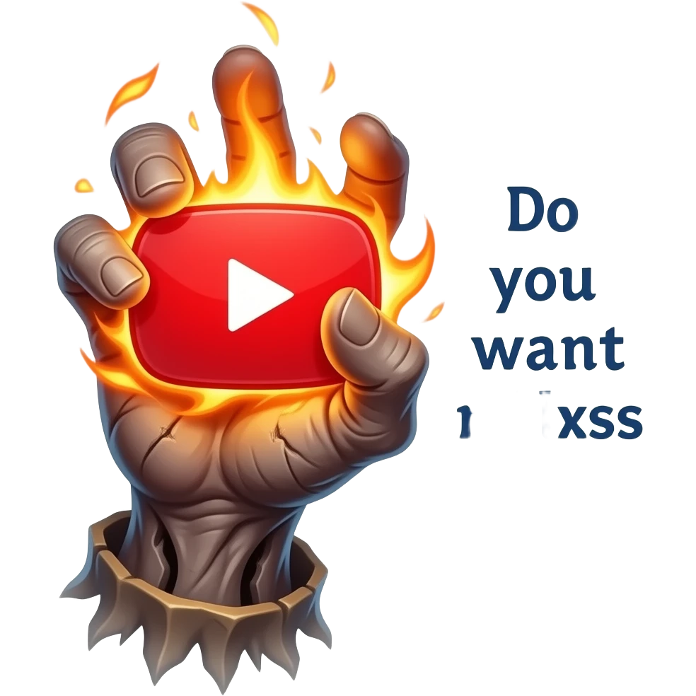 A wizard’s hand holding a glowing, magical YouTube logo like a fire spell.  text "Do you want Content Maker?". High fantasy, mystical particles, clean white background, sticker style emoji