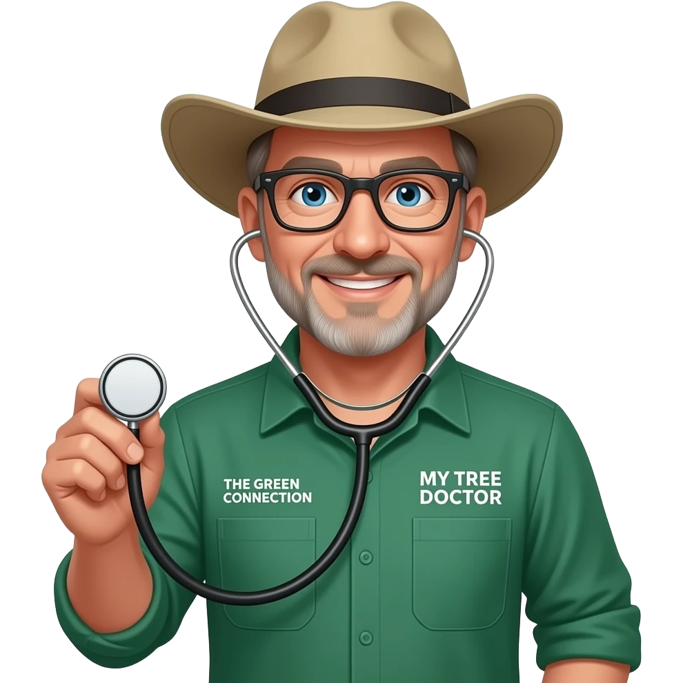 smiling middle-aged man blue eyes. Dark rectangle glasses, in green-collared, long-sleeve shirt.  Flatter wider-brim Australian Akubru hat. Holding a stethoscope. Insert 'THE GREEN CONNECTION' in white directly onto the left pocket & onto the right pocket, place only the words 'MY TREE DOCTOR' emoji