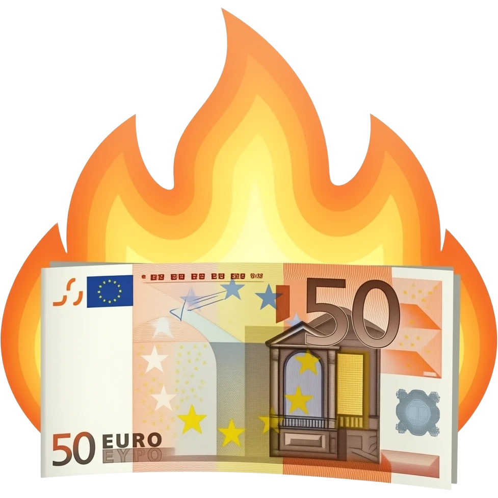 burning euro banknotes, money wasted concept emoji