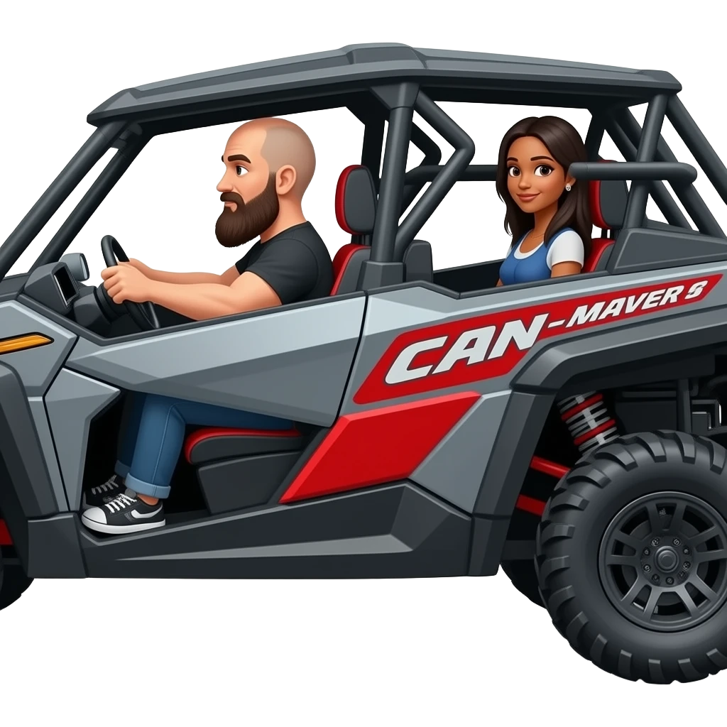 Side view of grey and red can am maverick sxs with guy driving (big bald guy with big beard) and wife side seat that’s dark tan with black hair emoji