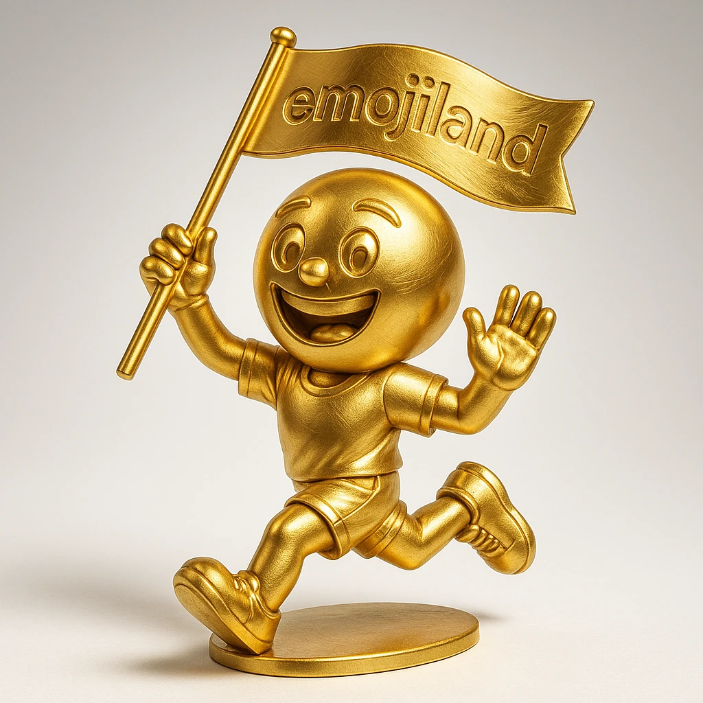 happy runner waving a flag that says 'emojiland' emoji
