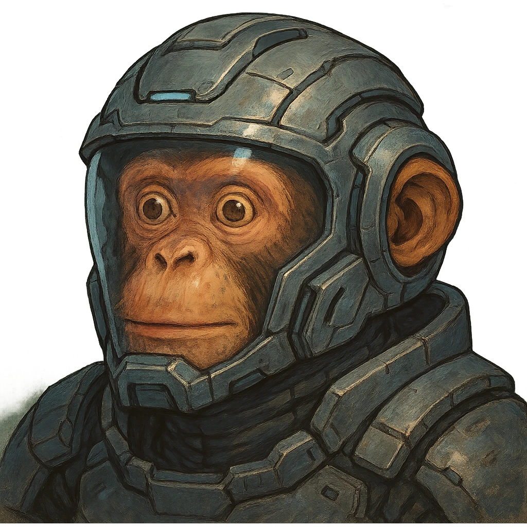the image is the icon for a videogame insta-use item, it is armor [open face combat helmet] - futuristic cyberpunk -ready to equip-  it is master craftsmanship [ unequipped item ], except it's the monkey from the "neuron activation" meme emoji