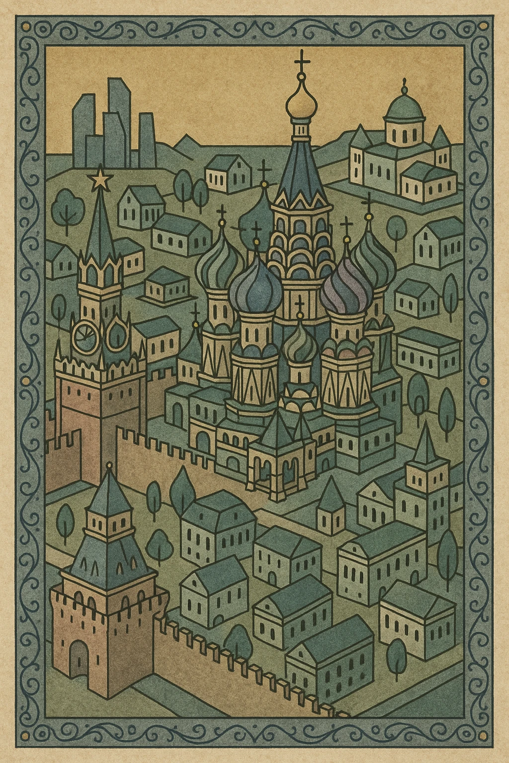 Isometric miniature 3D city with iconic landmarks of Moscow, colorful stylized buildings, cartoon realism emoji
