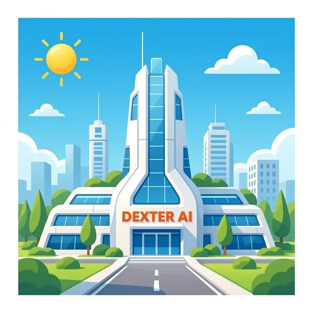 A super futuristic building with the word "DEXTER AI" emoji