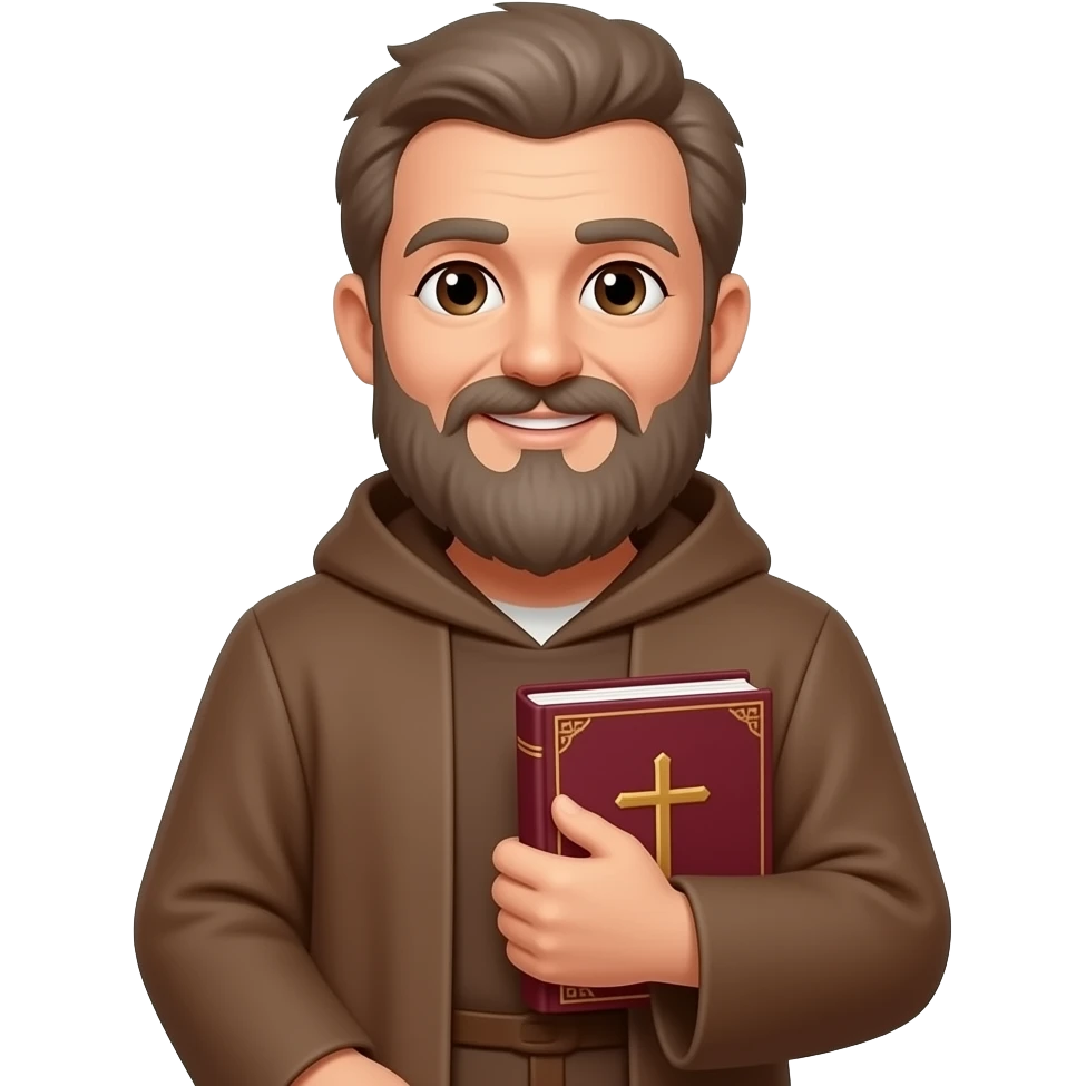 wise old man with grey brown hair and beard brown long sleeve robe slight smile brown eyes with burgundy book with cross on it emoji