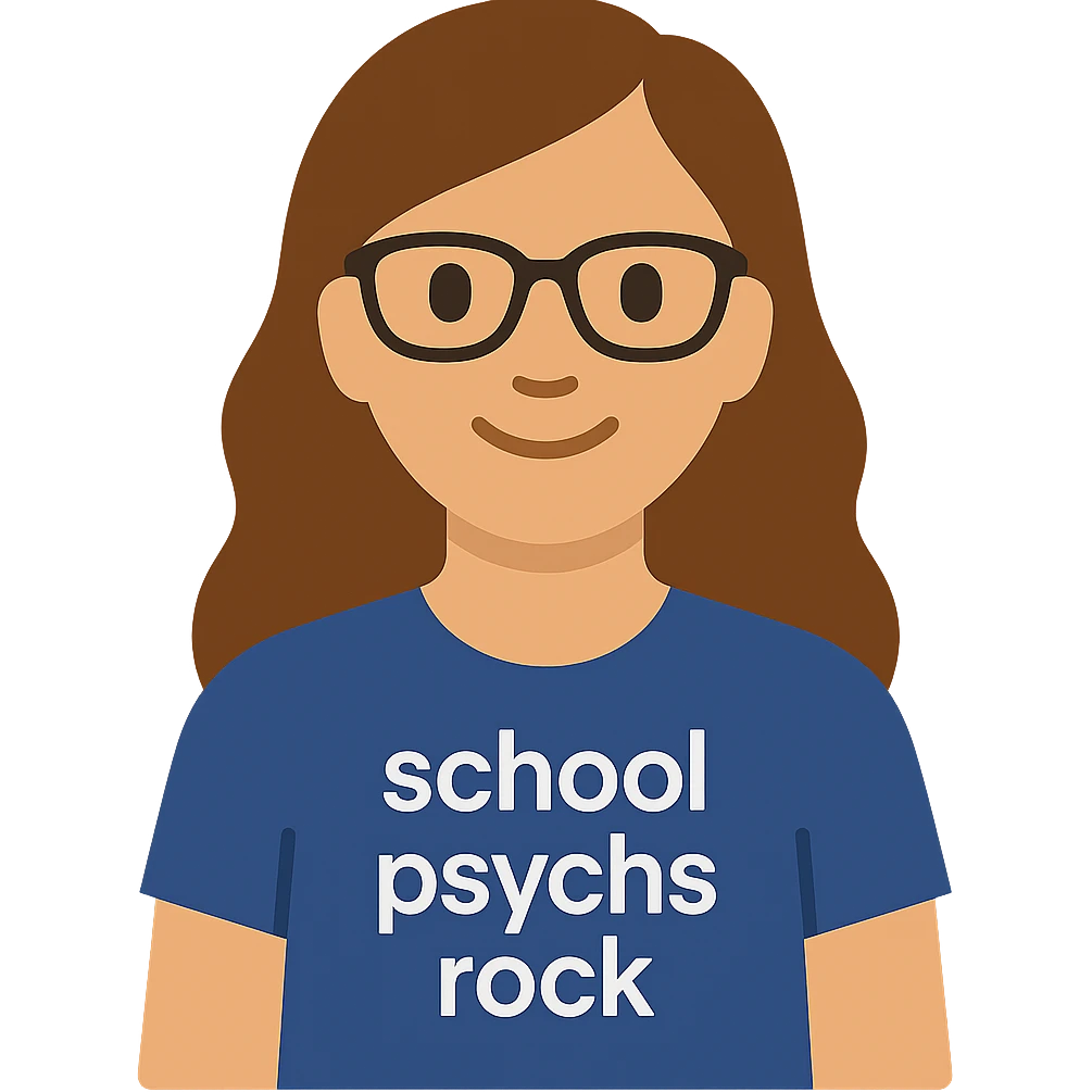 Create a flat color icon of this person wearing a t-shirt with 'school psychs rock' written on it. The style should have clean lines, be minimalistic, and have a professional icon look. emoji