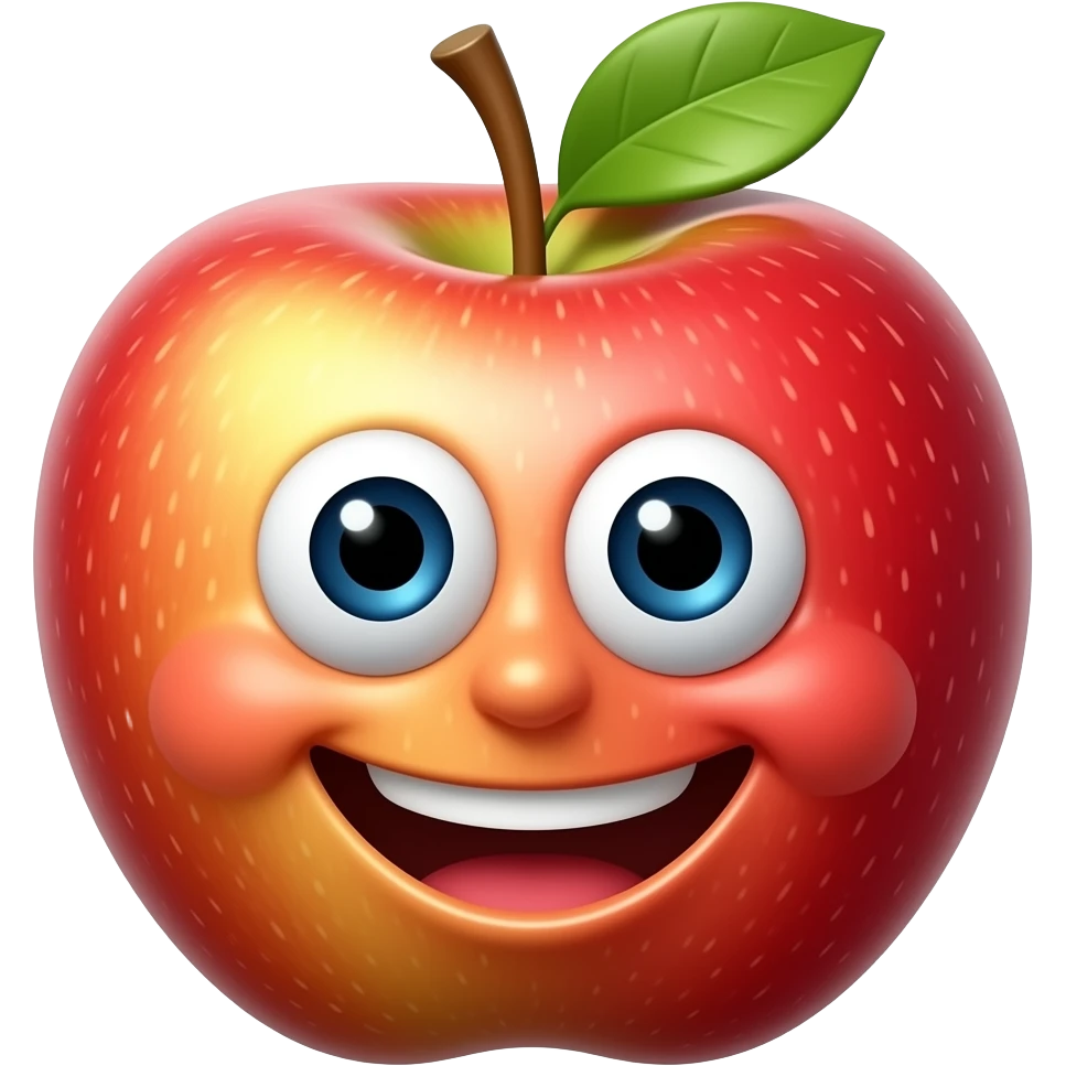 3D apple emoji smiling, cute cartoon style, big eyes, happy face, glossy, vibrant colors, white background, high quality" emoji