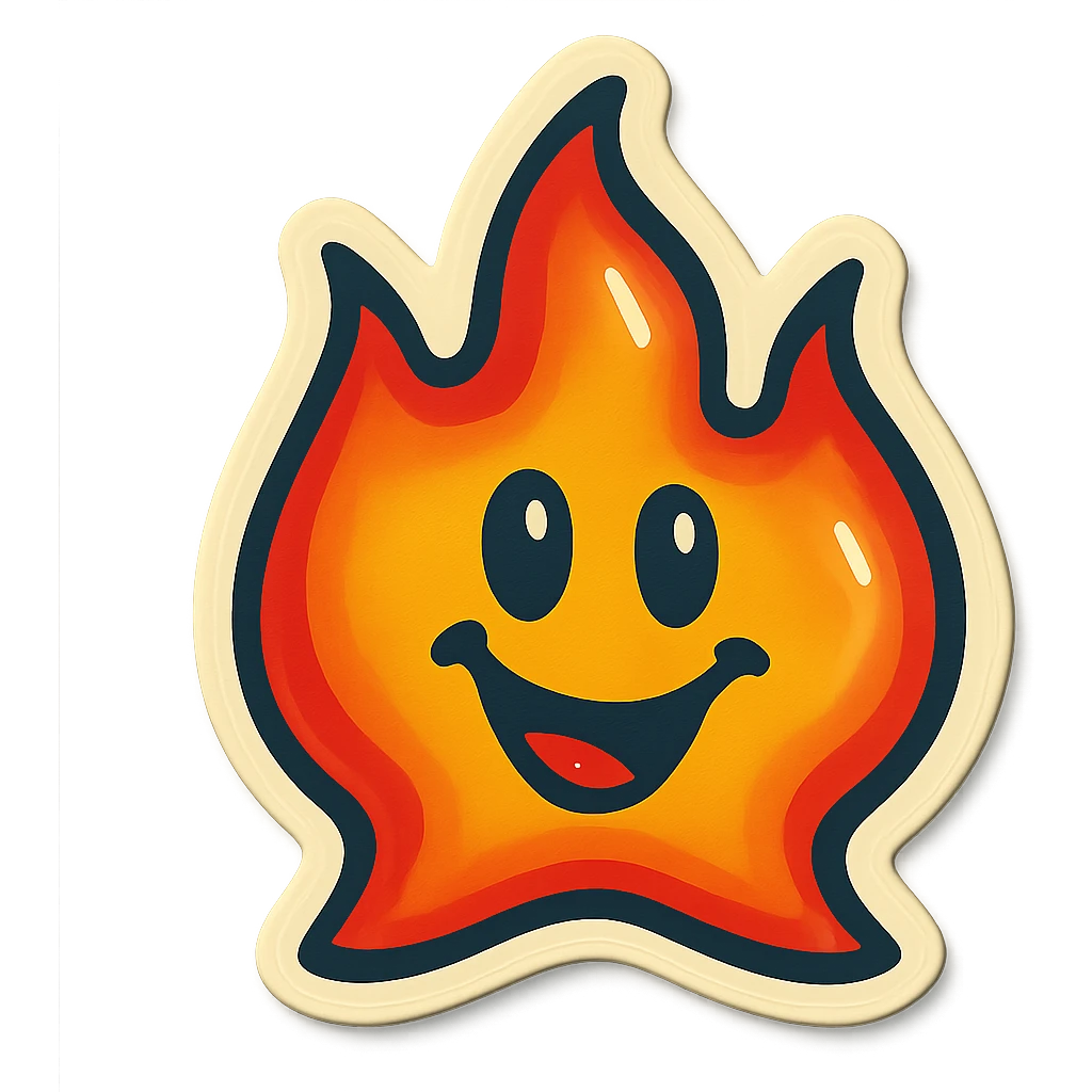 retro sticker style flame with a star-shaped outline, bold contours, juicy colors, shiny highlights, playful and energetic fire emoji