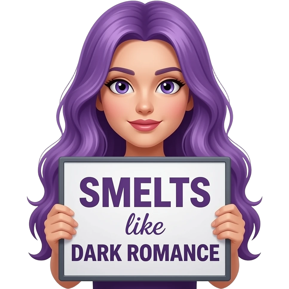 sexy girl with long purple hair holding a SMELLS like DARK ROMANCE sign emoji