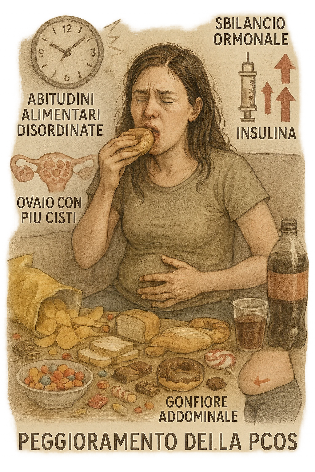Donna tra i 25 e i 35 anni seduta sul divano o a un tavolo disordinato, circondata da cibi sparsi e poco sani: patatine, dolci, pane bianco, snack confezionati, bibite. Mangiando di fretta, ha un’espressione stanca e frustrata. Intorno a lei, in trasparenza o come illustrazione simbolica, si vedono gli effetti della PCOS peggiorata: ovaie con cisti multiple, squilibrio ormonale (↑ insulina, ↑ androgeni), gonfiore addominale. Sullo sfondo, orologio che corre o caos visivo che comunica disorganizzazione alimentare. Colori spenti e atmosfera stanca. Stile realistico con elementi simbolici e informativi. in italiano emoji