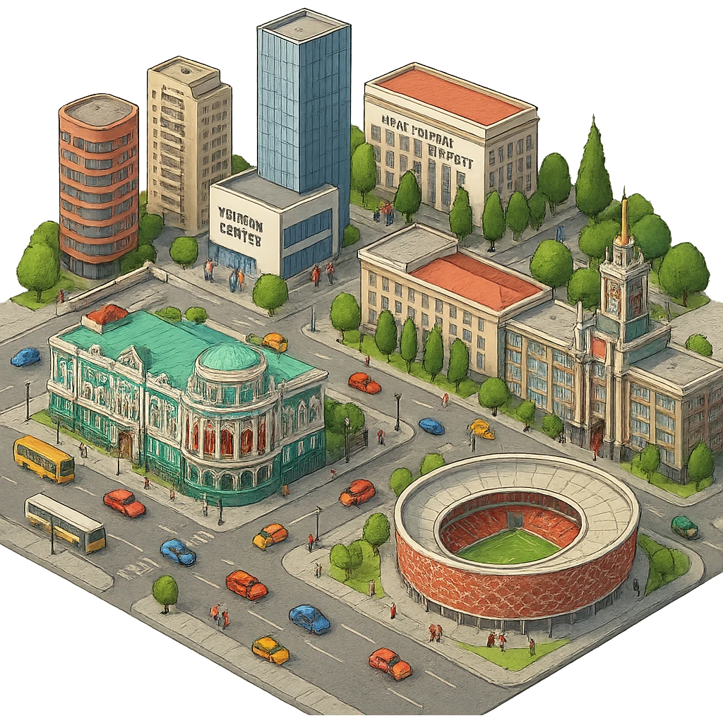 Изометричная миниатюрная фотореалистичная 3D модель Екатеринбурга - Дом Севастьянова, Ельцин-центр, Уральский федеральный университет, дома, Екатеринбург Арена, Медный дом, Здание Свердловского городского совета народных депутатов четкая детализация, яркие цвета, мультяшный реализм, люди, автотранспорт, компактная композиция, вид сверху в изометрии, прозрачный фон emoji