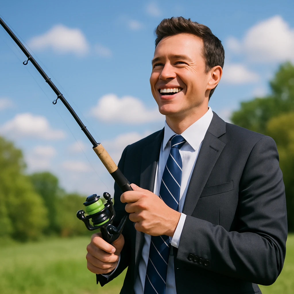 businessman fishing, professional attire, holding a fishing rod, outdoors, cheerful expression emoji