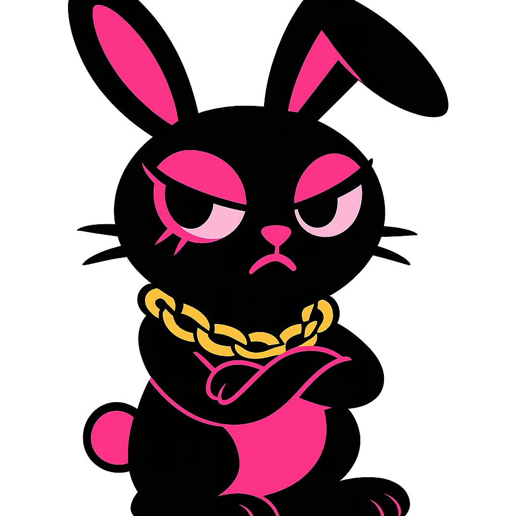 Replace the spiked collar with a chain necklace, keep gothic bunny, black and pink colors, vibrant toon style, no background. emoji