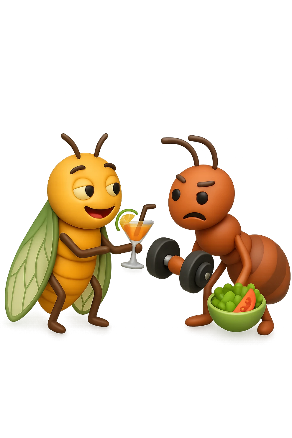 EMOJI STILE IPHONE 3D DI una cicala e una formica che parlano tra loro, la formica ha nella mano destra un manubrio da palestra e nella nella mano sinistra una bowl di insalata, la cicala invece ha un cocktail in mano, la cicala prende in giro la formica, non fare i fumetti però emoji