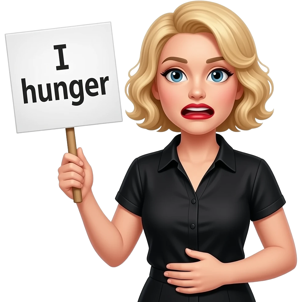 short blonde curly hair side swept bob with hungry face, red lipstick with a sign saying I hunger, my tummy is rummbling in a black short sleeve blouse emoji