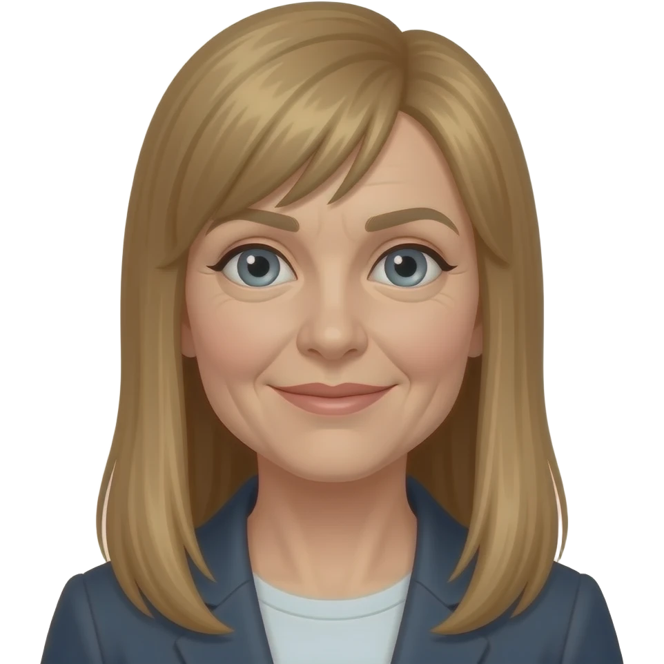 50 year old woman with long straight golden brown hair and side bangs and grey eyes emoji