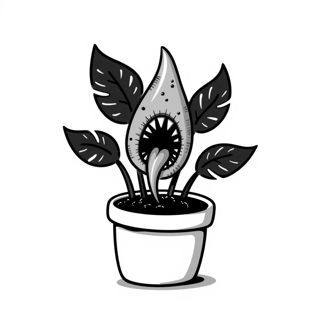 Audrey II, the carnivorous carnivorous plant from Little Shop of Horrors, hand-drawn black outline doodle style emoji