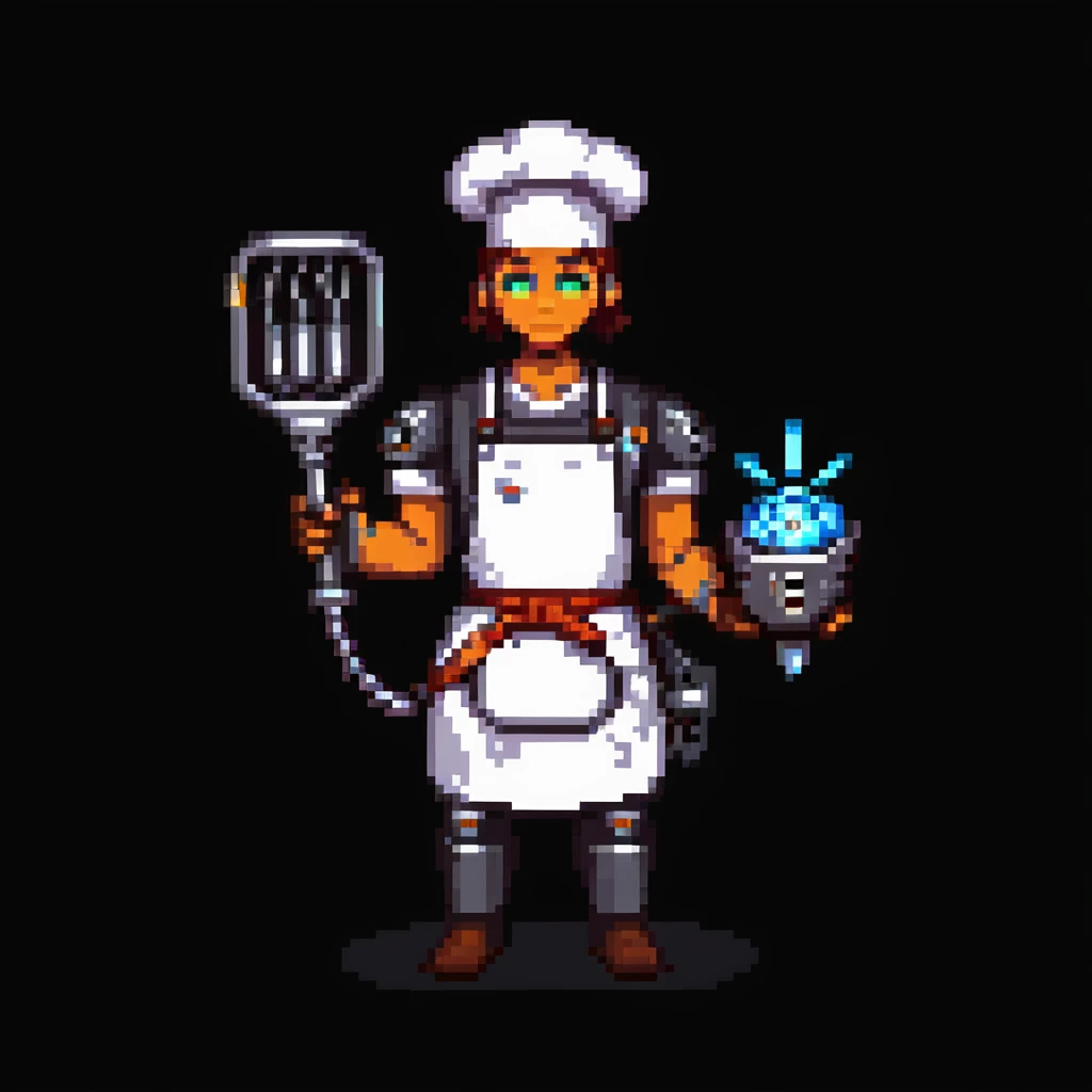 Portrait of a cyborg baker with a mechanical arm holding a whisk, glowing eyes, chrome apron, skeuomorphism style emoji