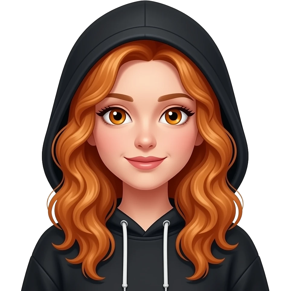 sexy girl with long curly ginger hair and ginger eyes wearing a black hoodie with the hood atop her head emoji
