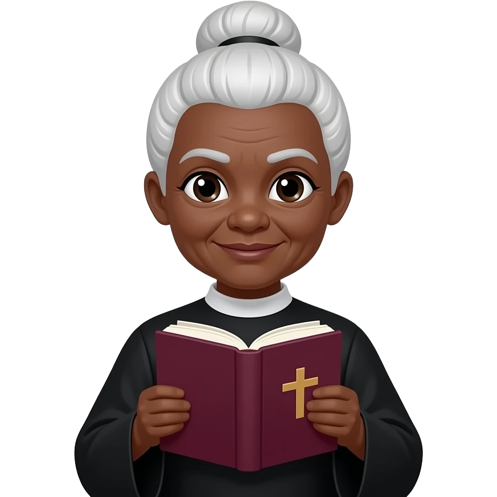 wise old woman with white hair in a bun black skin with burgundy book that has a cross on it emoji