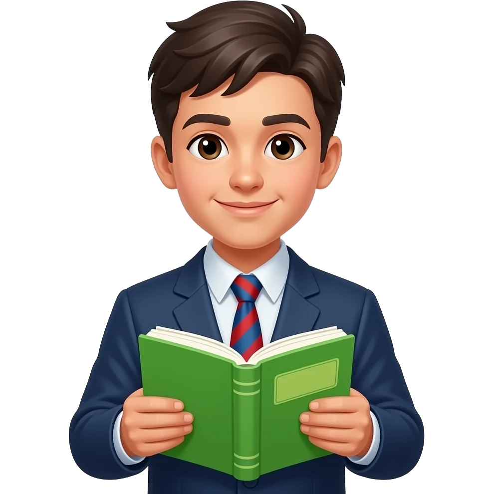 student boy in school uniform and hold vibrant green book in front of their chest emoji