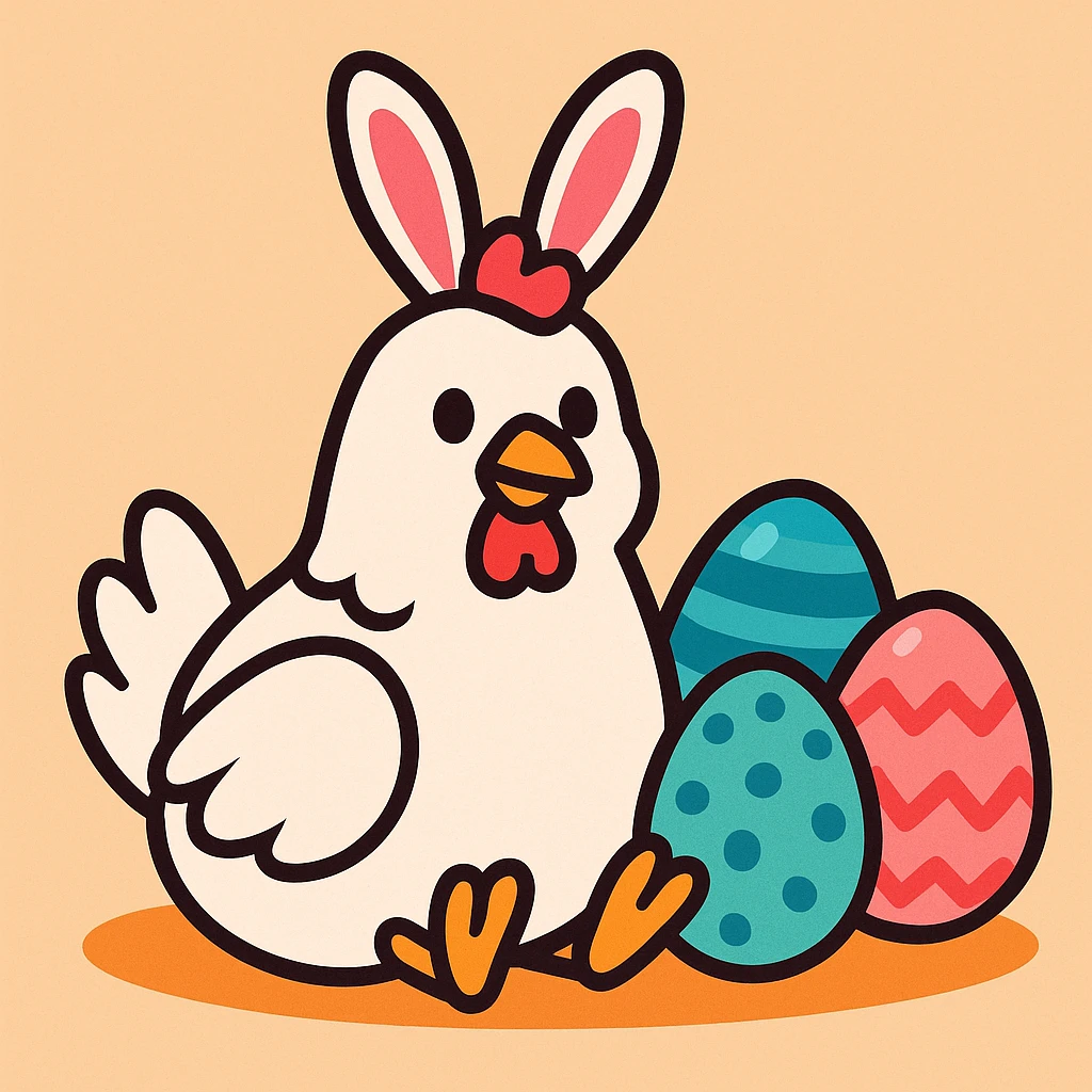 a white chicken with pink bunny ears, sitting next to colourful Easter eggs, cute illustration style emoji