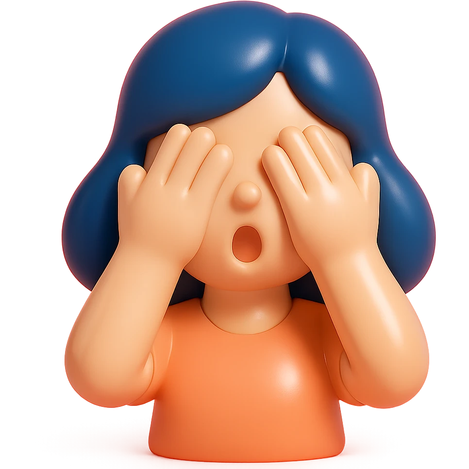 Woman with dark blue hair with hands over her eyes in shock emoji