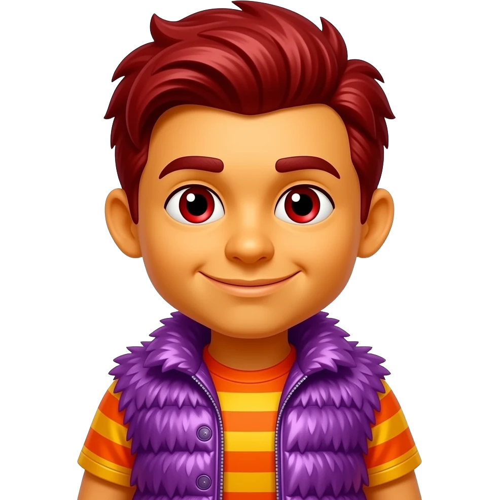 Moe Doodle from The Doodlebops with yellow-orange skin, red eyes, medium red heavily mop-top hair, orange and yellow striped metallic shirt, purple metallic shaggy fur vest emoji