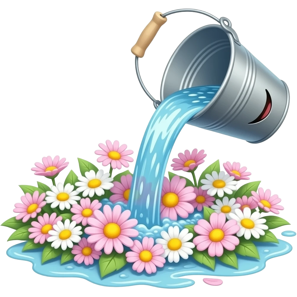 smiling can water bucket pouring out on flowers with water pour into it emoji