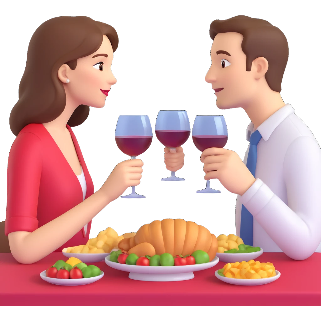 3D emoji style, one man and one woman facing each other holding wine glasses, a table with food in front of them, bright and joyful atmosphere, no background emoji