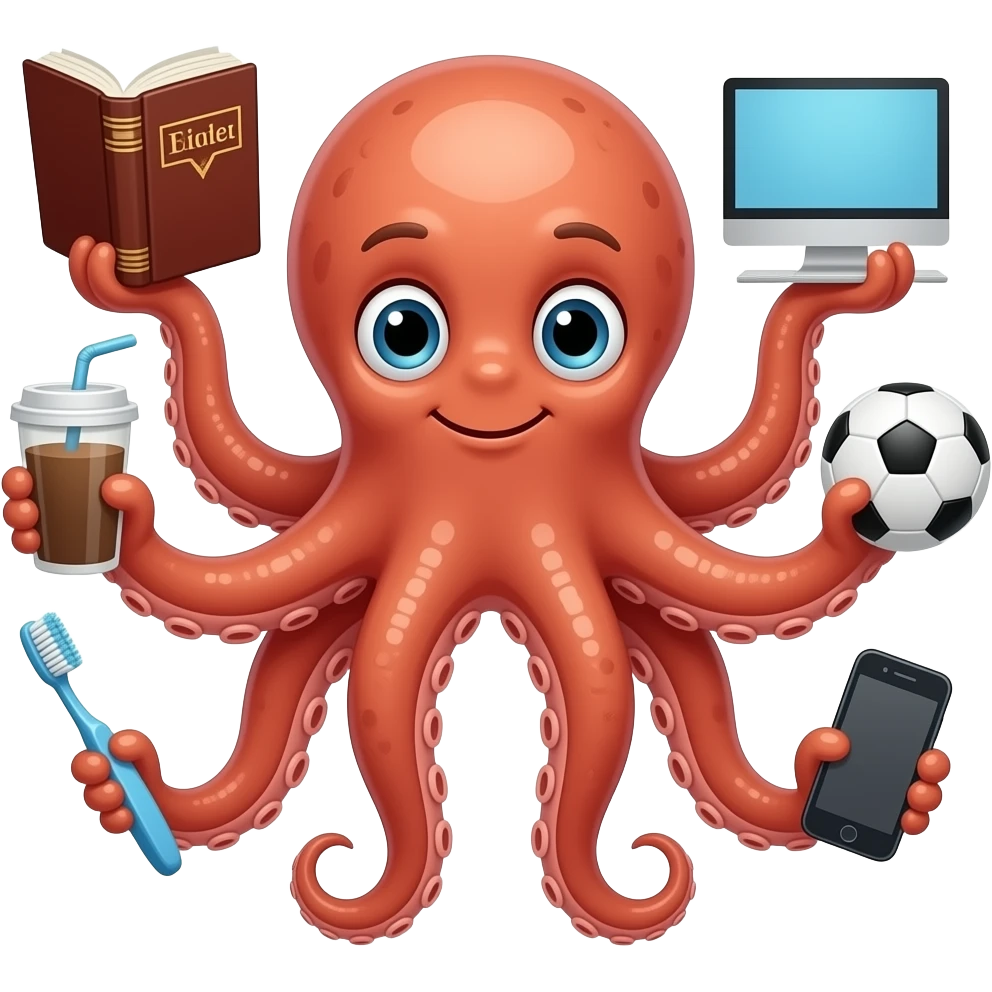 une pieuvre qui est multitache avec la Bible, un ordinateur, un ballon de foot , qui bois du café, une brosse à dent, le téléphone et que chaque tentacule tien emoji