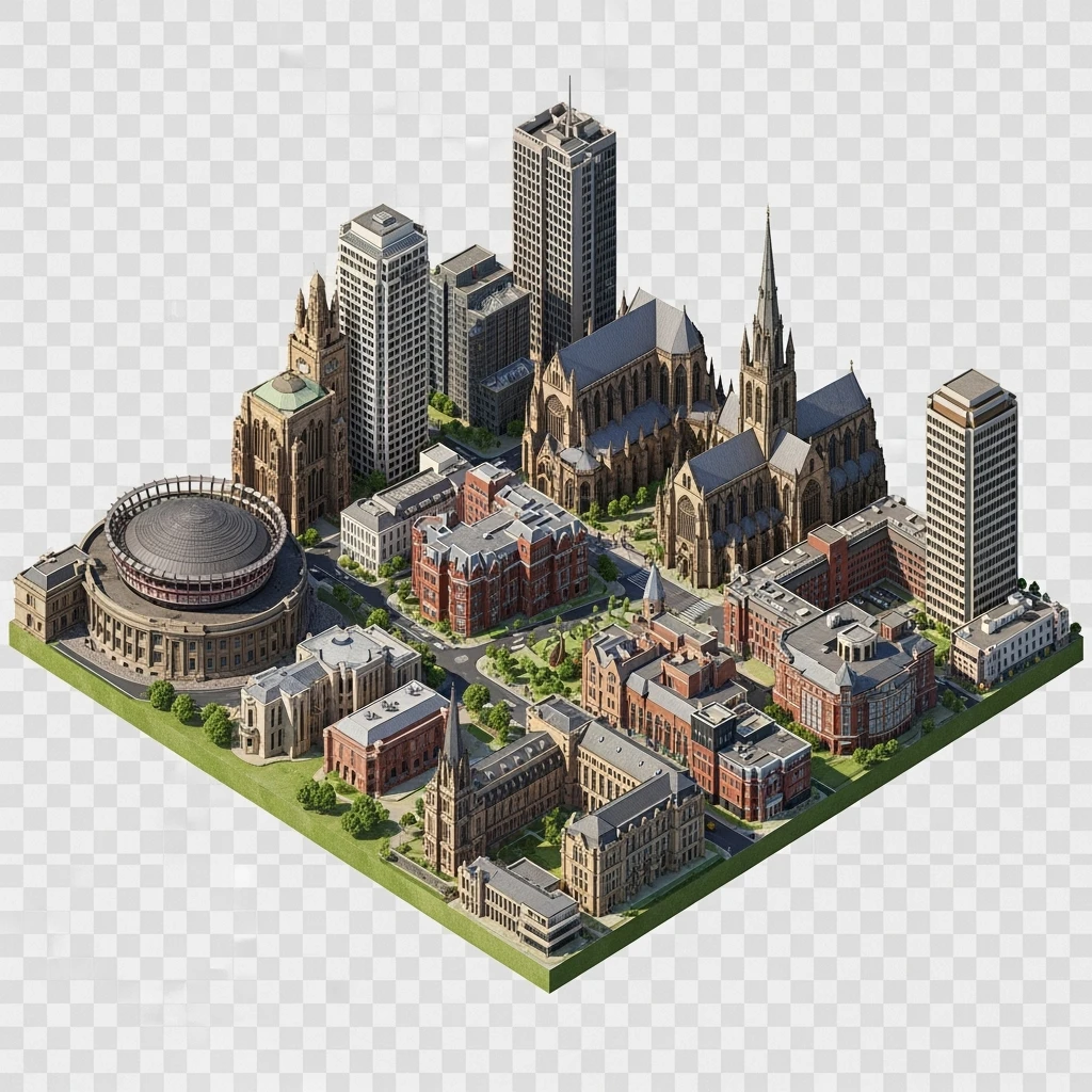 Isometric illustration-model of panorama view Birmingham with photorealistic main attractions, balanced between stylized and realistic, 3D miniature effect, transparent background. emoji