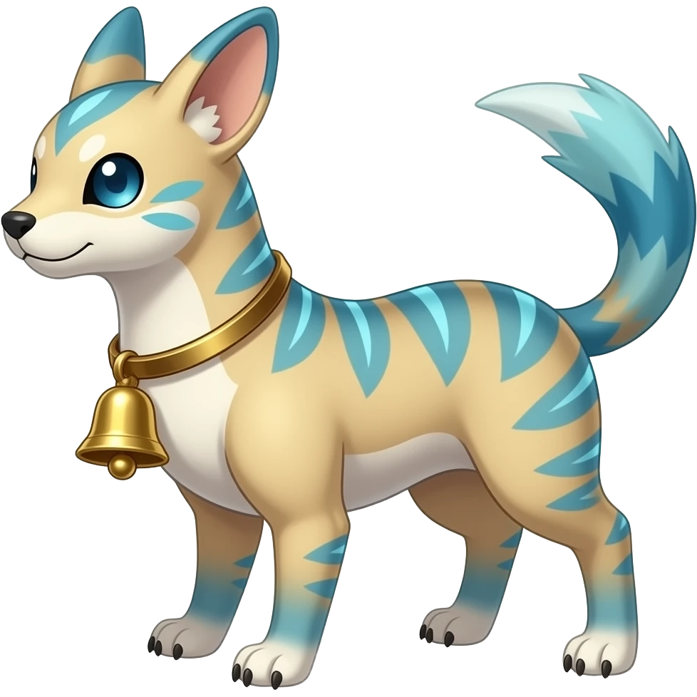 Bell-patterned ancient Short-legged quadrupedal elegant oriental feral painted Absol-Glaceon-Sylveon-animal-Fakémon-fusion-hybrid-creature emoji