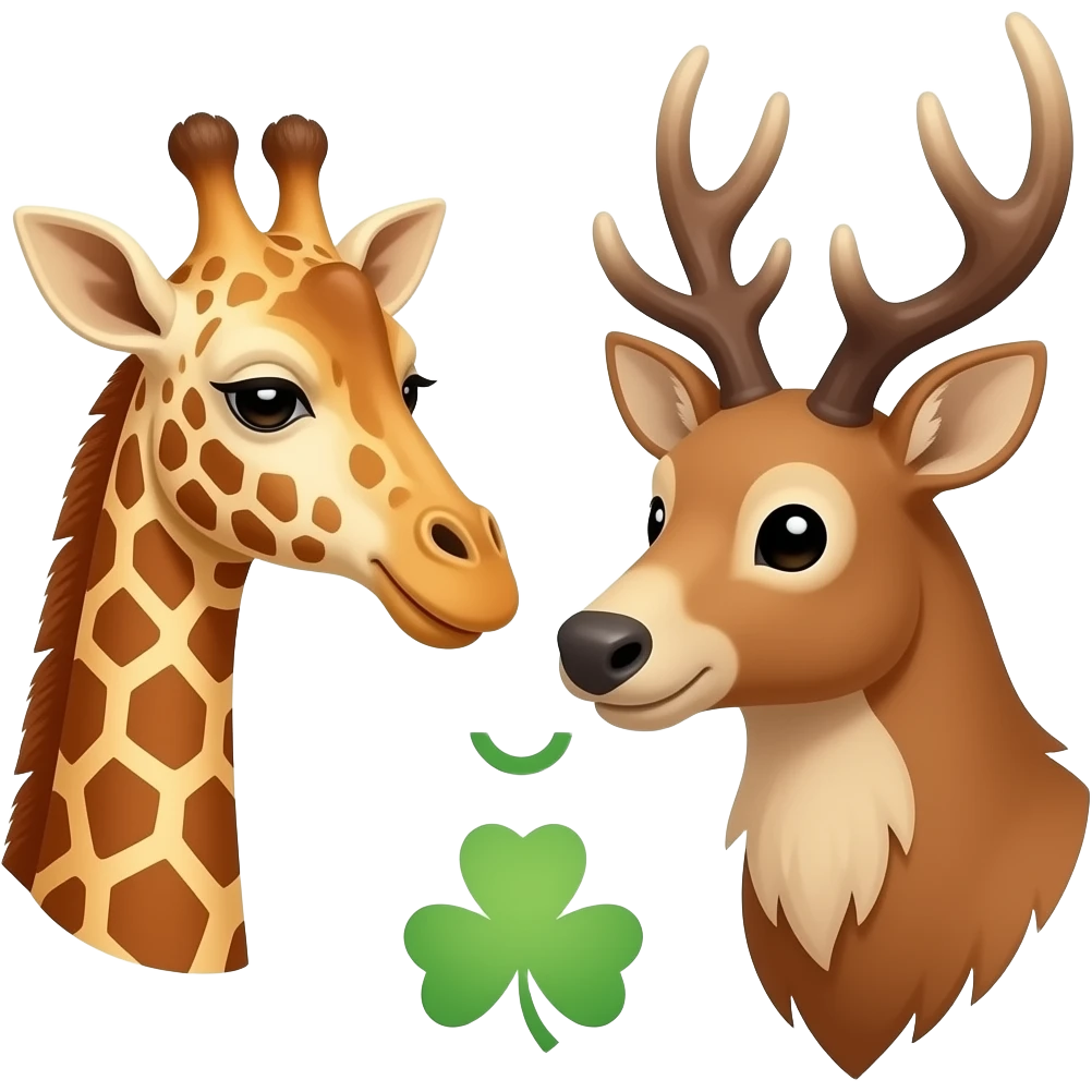 Einfacher Giraffenkopf und Elchkopf schauen sich an mit Glücksklee emoji