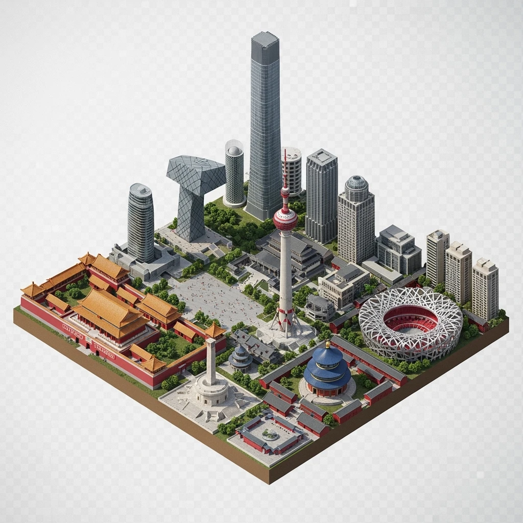 Isometric miniature of Beijing Forbidden City, Tiananmen Square, CCTV Headquarters, Temple of Heaven, China Zun skyscraper, Bird’s Nest Stadium, Beijing apartment blocks, 3D miniature effect and Tilt Shift effect, no cartoonish look, transparent background, don't cut angles emoji