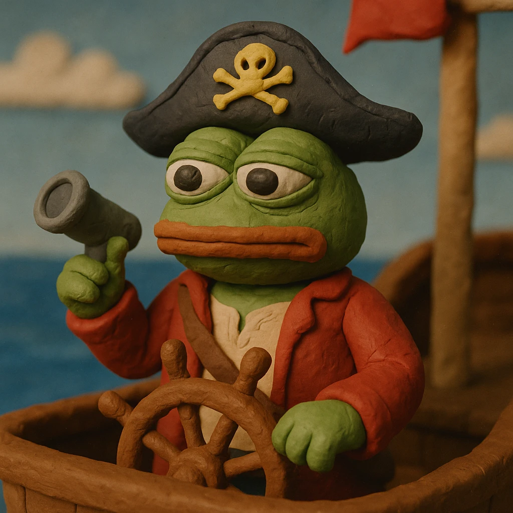 Pepe the Frog as a pirate captain on a ship, claymation style, ocean background emoji
