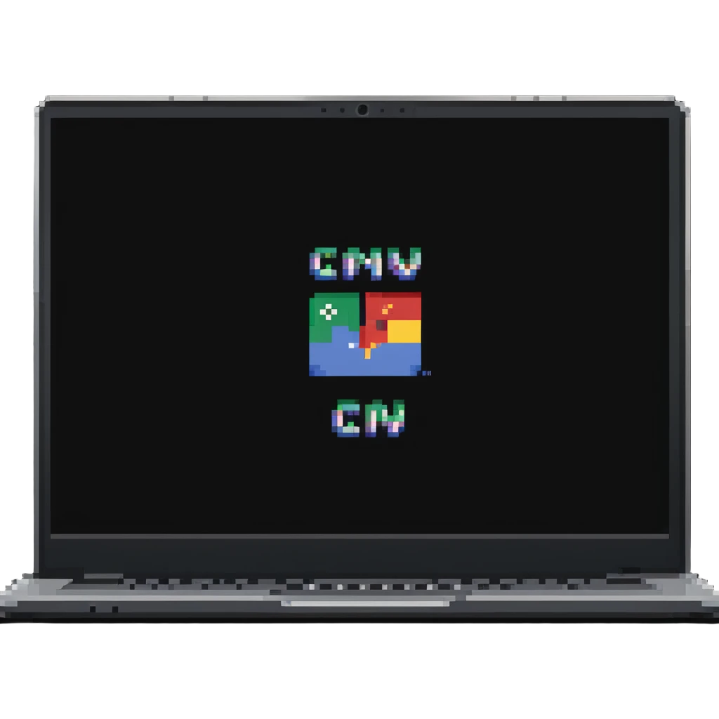 a laptop having a logo that says cmv on the back of it emoji