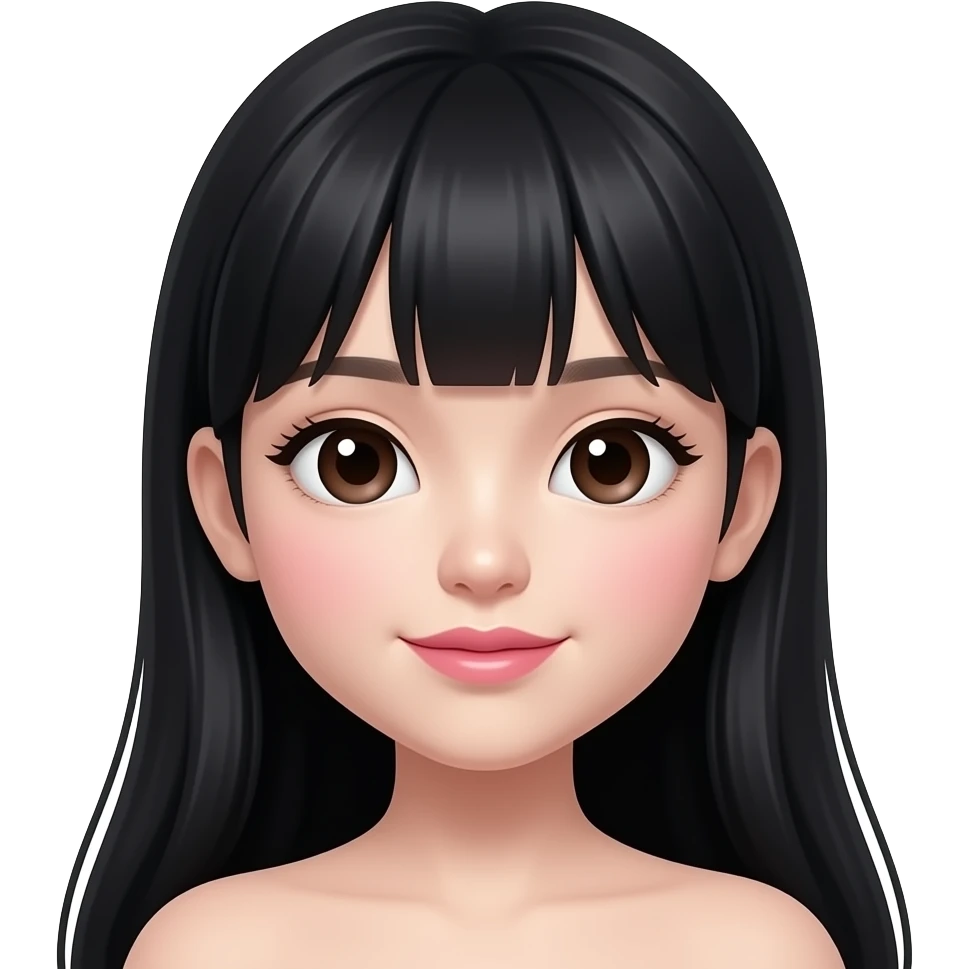 A cute, ethereal Asian doll-looking girl with long thick shiny black hair, dark brown almond-shaped eyes, very fair skin, a small straight nose, thin bright pink heart-shaped lips, cheekbones, and a mole on the right nose bridge near the eye. emoji