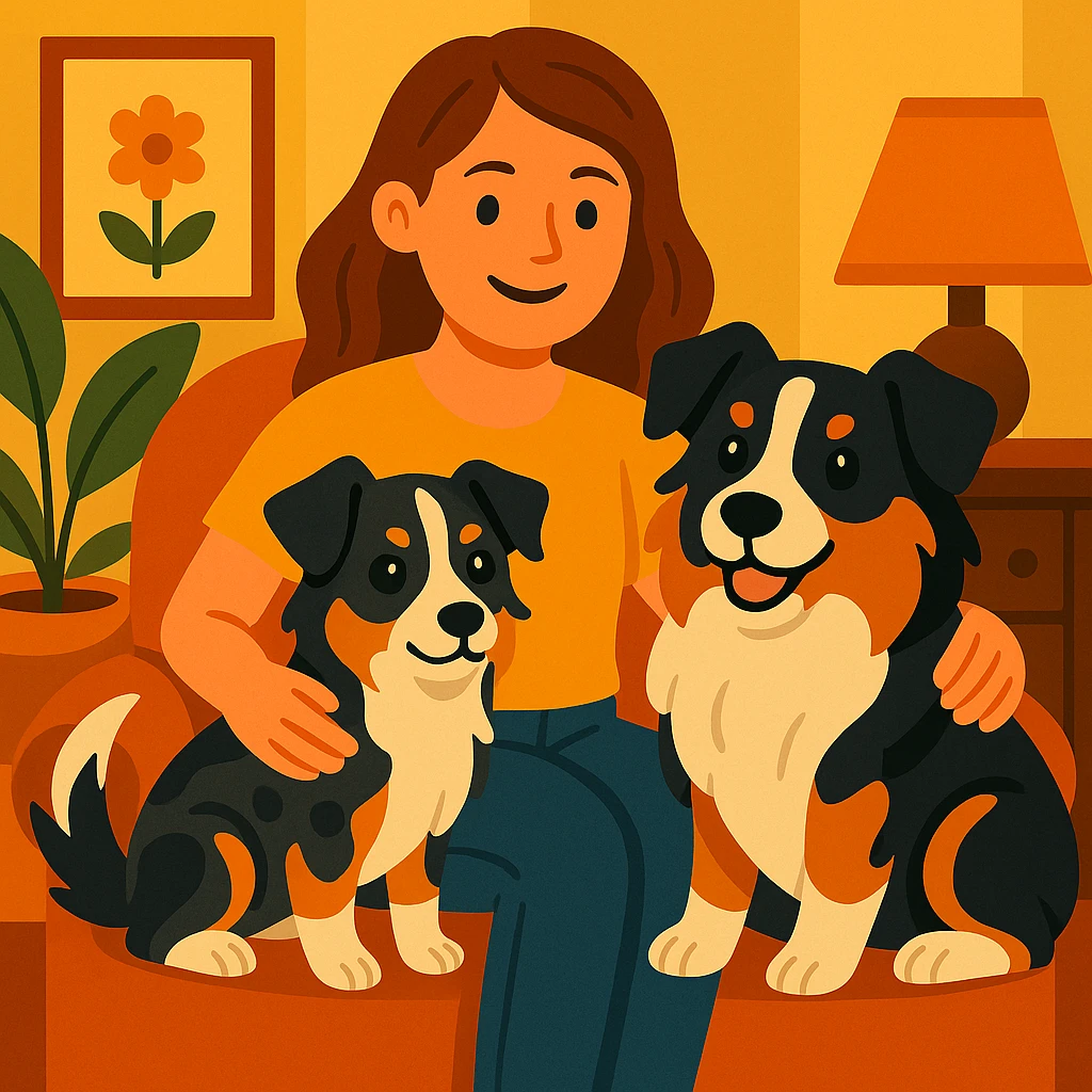 Make the woman younger while keeping her with two mini Australian shepherds, one dainty female and one boyish male, in the same vibrant toon style. emoji