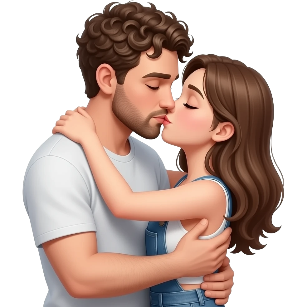Realistic white man super short curly brown hair with beard kissing passionately and hugging realistic white girl brown hair emoji