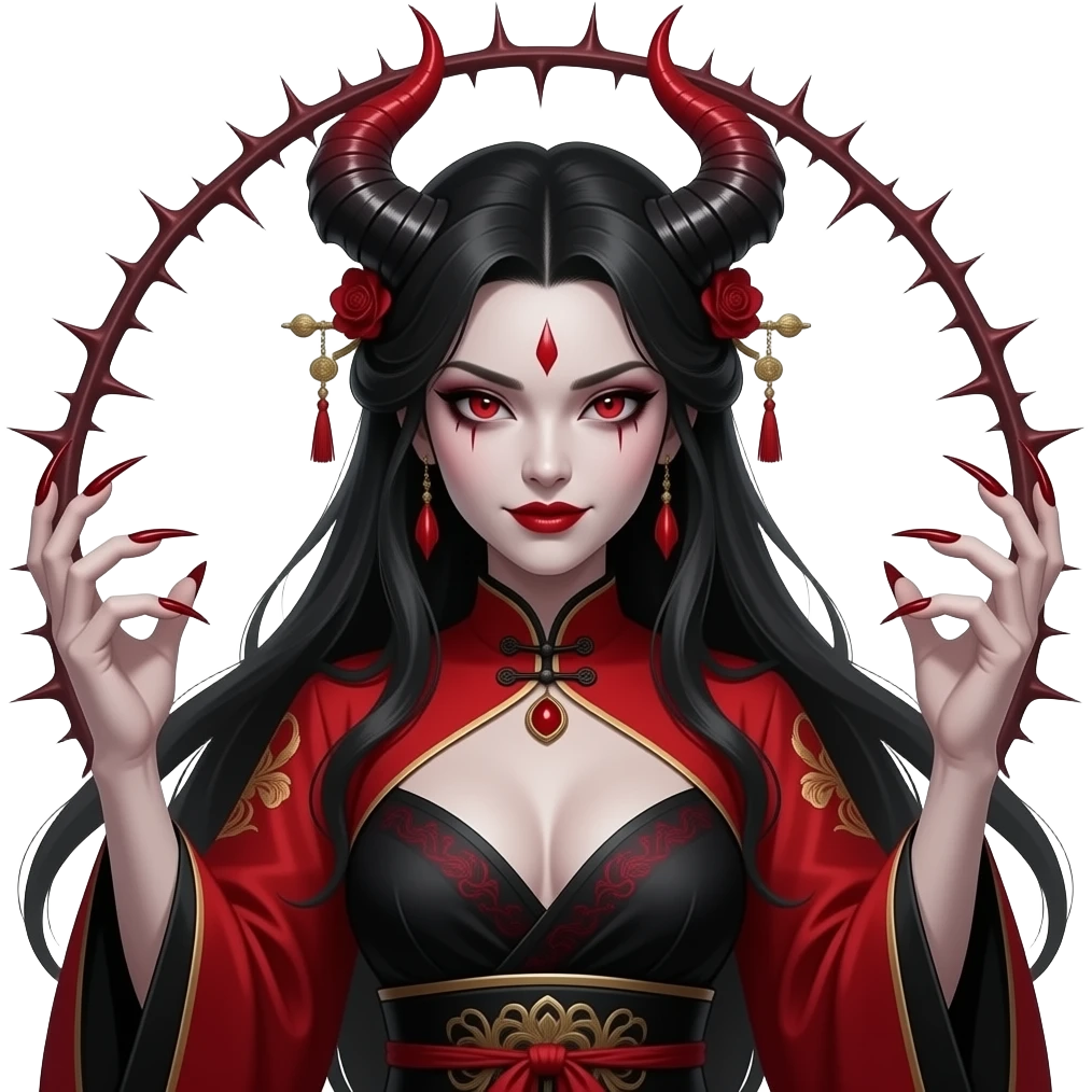 Sammanakha, the demonic female villain, seductive but terrifying face, sharp nails, venomous aura, dramatic red and black traditional attire, vengeful expression, thorny background. emoji