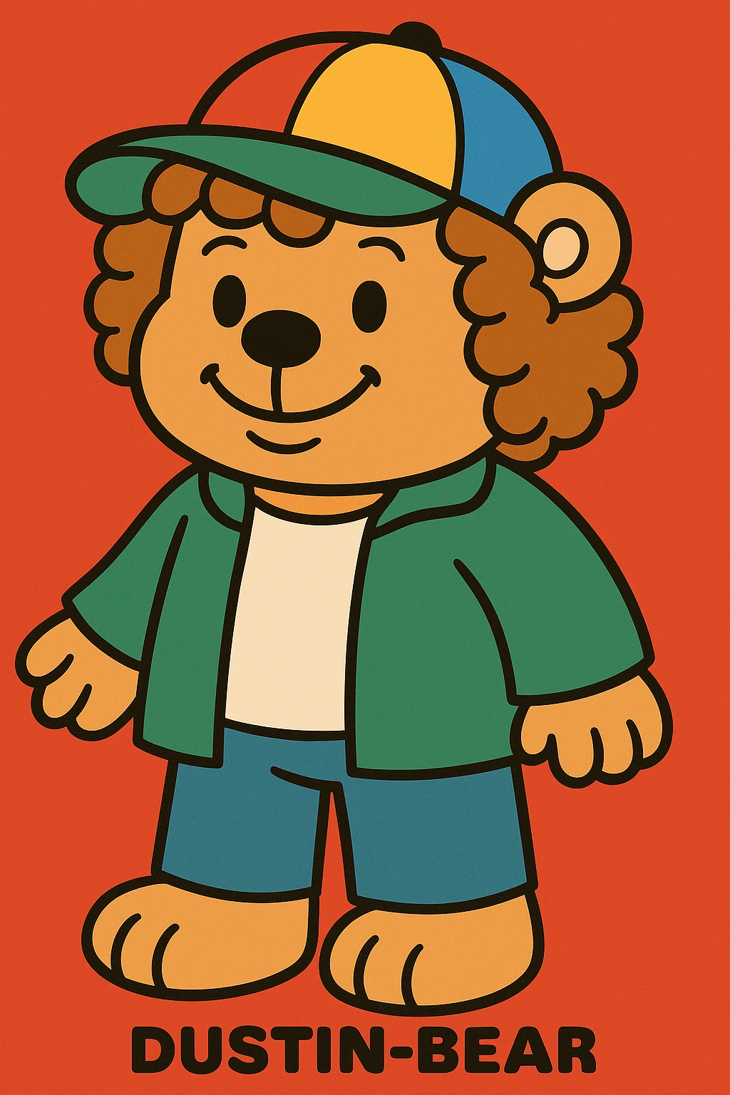 Dustin-bear wearing a white t-shirt, green jacket, colorful cap, curly hair, friendly smile, in Bobbie Goods style. emoji