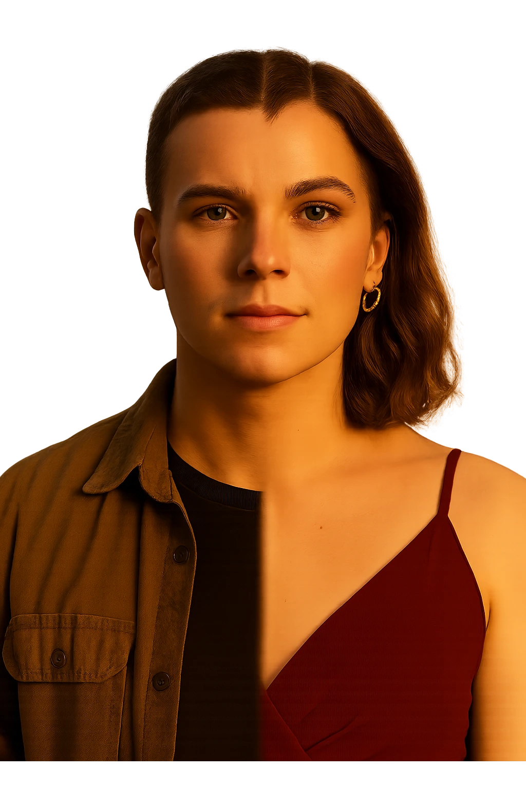 a split image—on the left, a man with short hair and masculine clothing; on the right, the same person with longer hair, makeup, and feminine attire. In the center, a gentle gradient blends the two sides, symbolizing the ongoing process of gender transition. The lighting is warm and the atmosphere is empowering. emoji